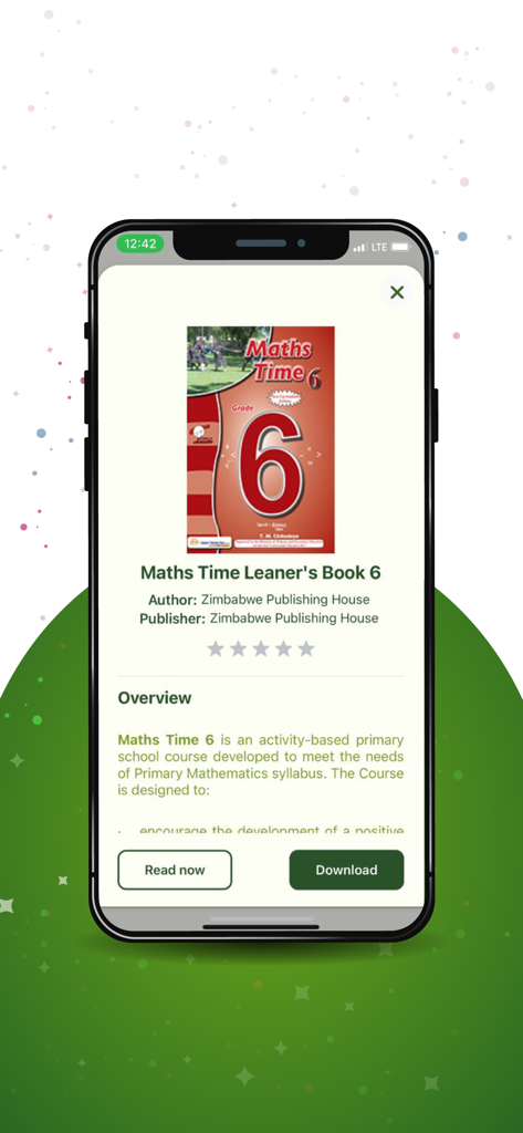 Akello Library - A screenshot of the Akello Library app showing details for the book Maths Time Learner's Book 6, including the author, publisher, overview, and buttons to read now or download.