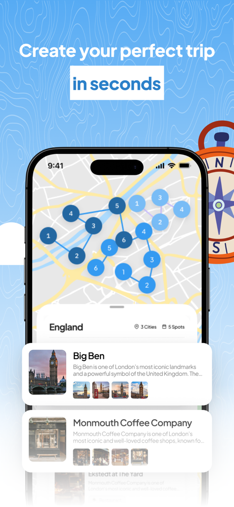 Latera - Save Spot & Plan Trip - Latera app screen showing a travel itinerary map with saved locations in London like Big Ben and Monmouth Coffee Company
