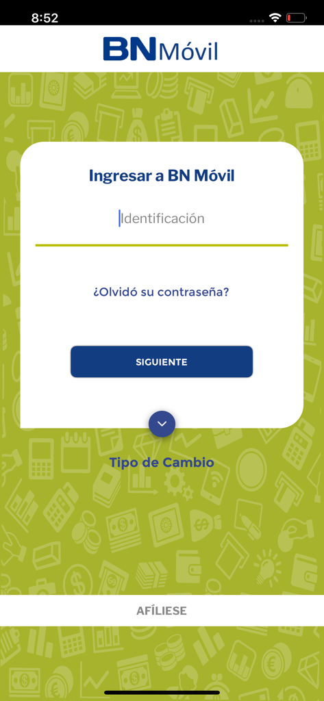 BN Móvil - Login screen of the BN Movil mobile banking application