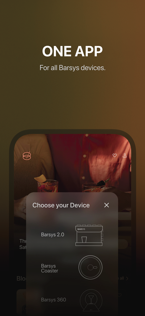 Barsys - Pantalla de selección de dispositivo de la aplicación Barsys para conectar máquinas de cócteles inteligentes.