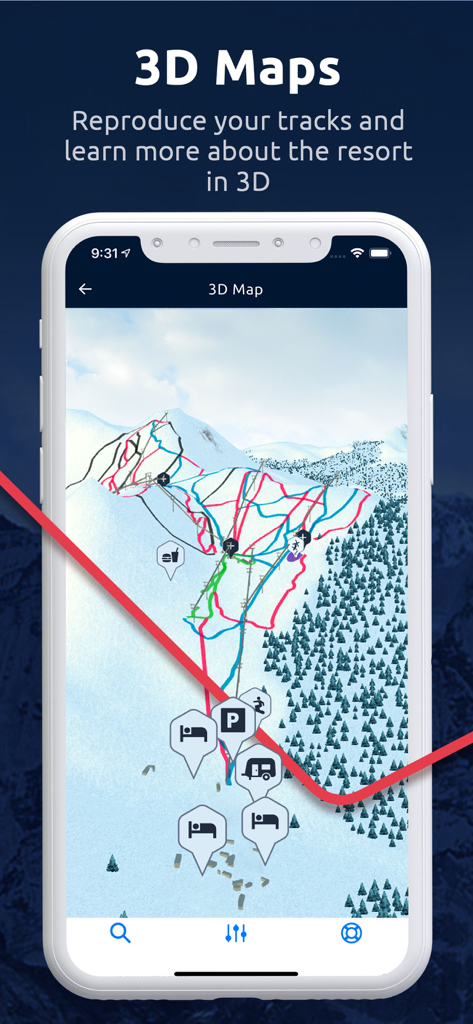 Eine interaktive 3D-Karte eines Skigebiets auf einem Smartphone, die Pisten und Einrichtungen zeigt
