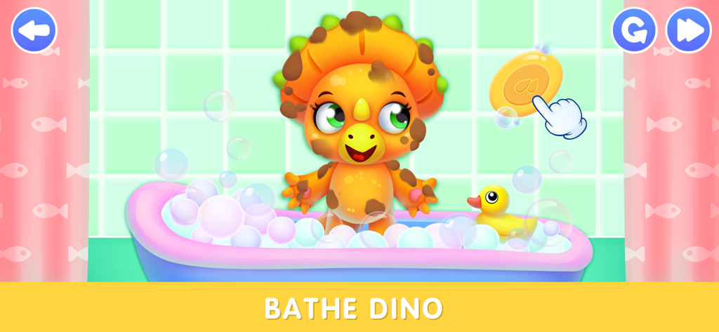 Pet care games for kids 2 5 - Un lindo personaje de dinosaurio de dibujos animados tomándose un baño de burbujas en un juego de cuidado de mascotas para niños pequeños.