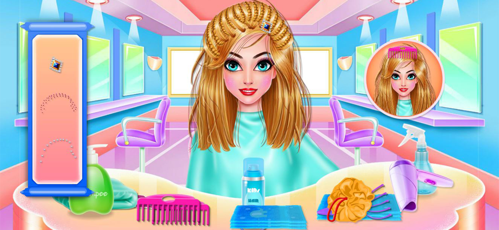 Personaje recibiendo un cambio de imagen de cabello en un salón virtual con varias herramientas de belleza.