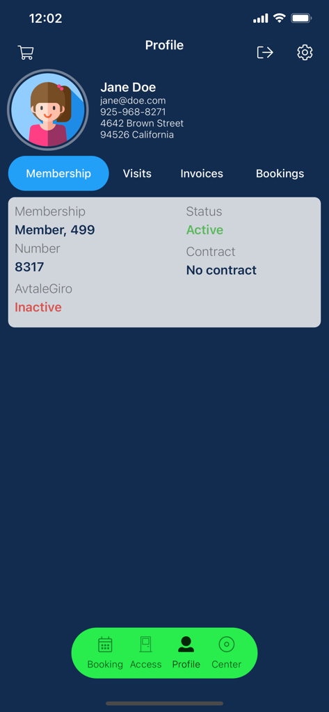 Pantalla de perfil de la aplicación Boost System que muestra el estado de membresía activa y detalles personales