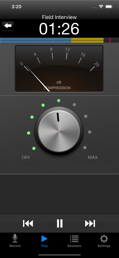 Hindenburg Field Recorder app screen showing audio compression settings and dB meter