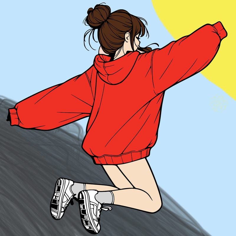 realistic girl jumping with a bun and oversized sweatshirt