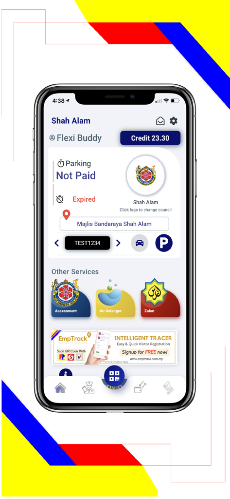 Flexi Parking - Flexi Parking app home screen showing parking status credit balance and city services