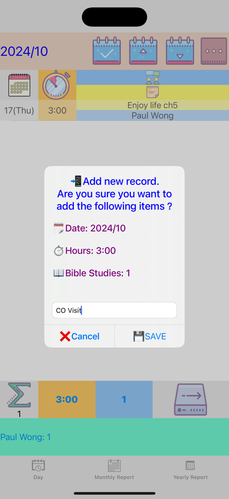 A screen showing the add new record dialog for field service hours and bible studies