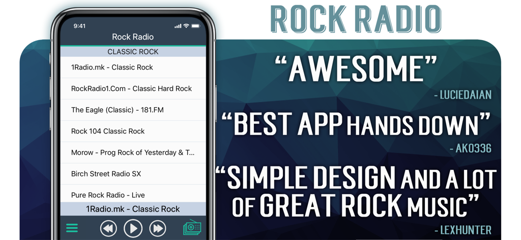 Rock Radio! - Smartphone mit der Rock Radio App-Oberfläche, einer Liste von Classic Rock Sendern und positiven Nutzerzitaten.