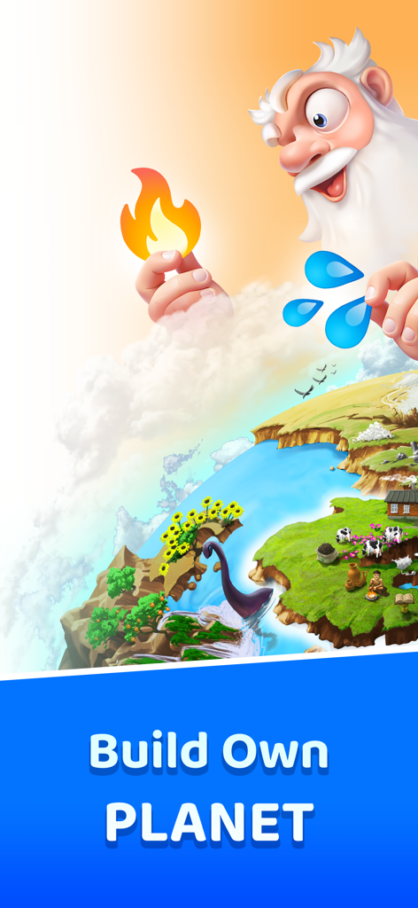 Infinite Craft'er: Alchemy - Personagem deus combinando elementos de fogo e água para criar um planeta personalizado exuberante