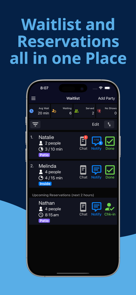 Waitly Waitlist & Reservations - Waitly app interface showing a digital waitlist with guest names and reservations management