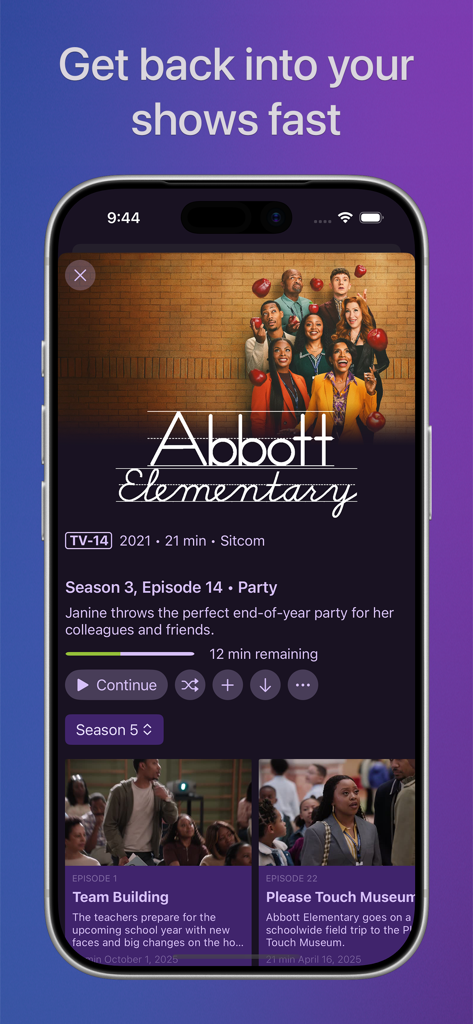 Channels: Whole Home DVR - Channels app displaying Abbott Elementary show details and playback progress on iPhone