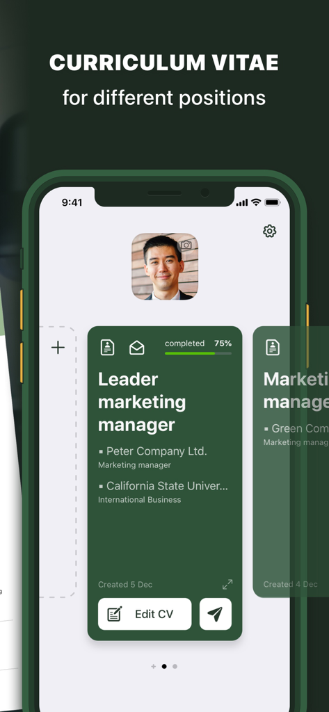 Interface do AI Resume Builder mostrando múltiplos perfis de currículo e opções de edição
