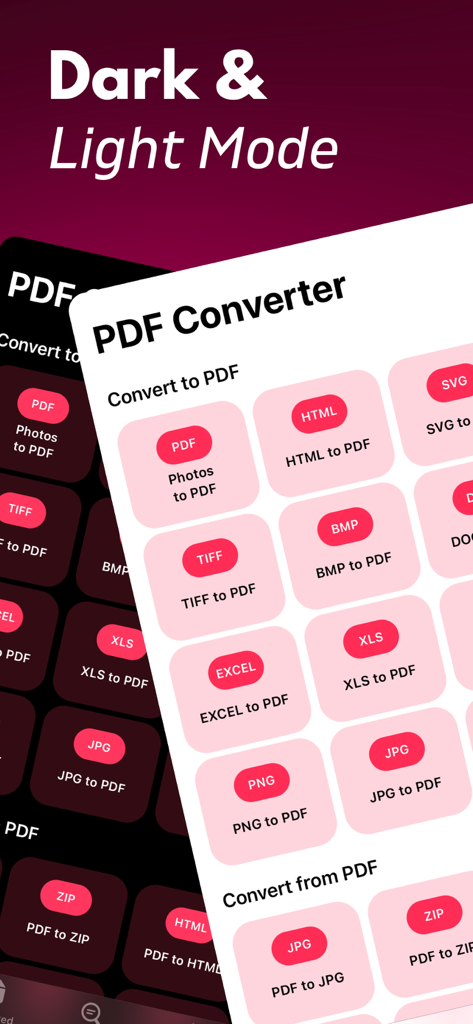 PDF Converter app interface showing dark and light modes with various file conversion options