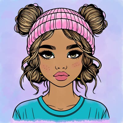 realistic girl with buns in her hair with a beanie on