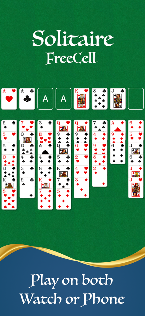 FreeCell Solitaire Watch Game - Interfaz del juego FreeCell Solitaire para Watch y Phone