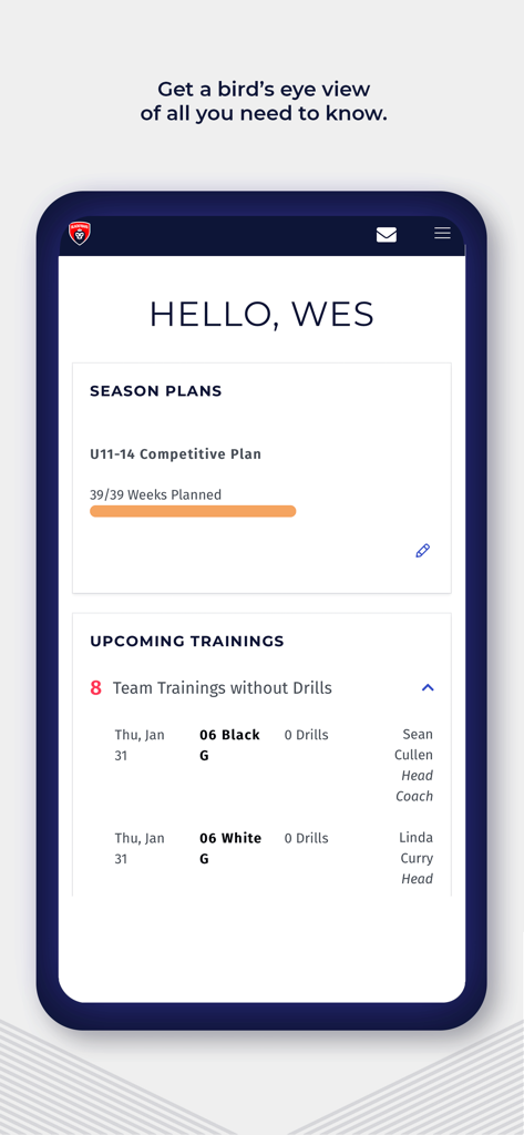 PlayMetrics - PlayMetrics mobile app dashboard displaying season plans and upcoming youth sports training schedules