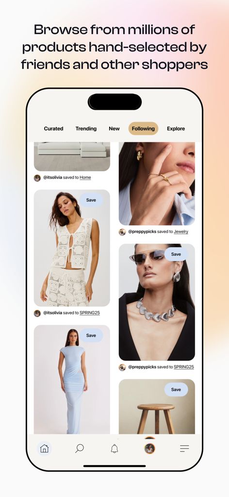 A mobile interface showing the Following tab in the Locker app with curated fashion and lifestyle products saved by other users