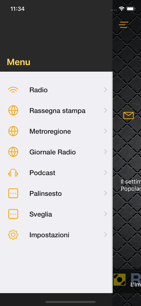 Radio Popolare - Navigation menu of the Radio Popolare mobile app showing sections for radio news and podcasts