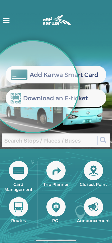Home screen of the Karwa Journey Planner mobile app showing options for trip planning and smart card management