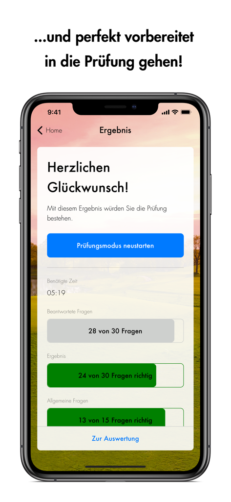 DGV-Platzreife - A smartphone screen displaying successful results for the DGV golf license theory exam.