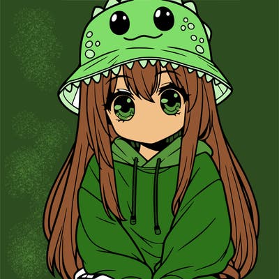 girl with anime shaped eyes with a dinosaur bucket hat oversized sweatshirt long straight hair