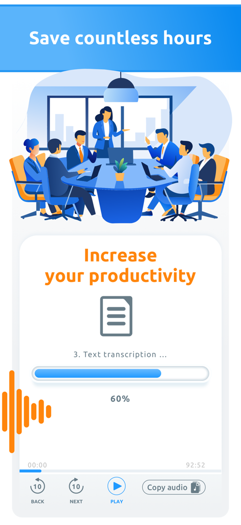 Transcribe Audio to Text – AI - Captura de pantalla de la aplicación de transcripción de IA que muestra una ilustración de reunión de negocios y una barra de progreso de transcripción de texto.