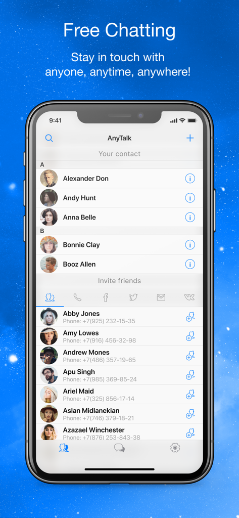 AnyTalk Messenger - AnyTalk Messenger app interface showing a list of contacts and the headline Free Chatting.
