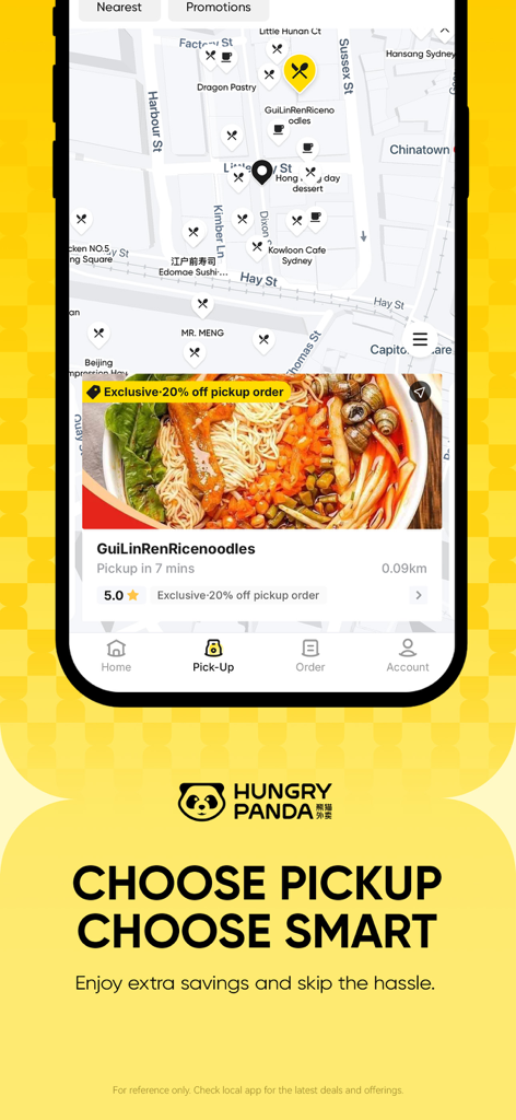 HungryPanda熊猫外卖 - Interfaz de la aplicación HungryPanda que muestra un mapa de restaurantes locales y un 20 por ciento de descuento para pedidos de recogida