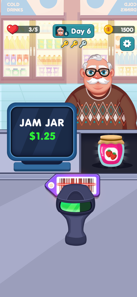 A checkout screen in the Bakery Mart Cashier Game showing a jam jar being scanned for a customer.