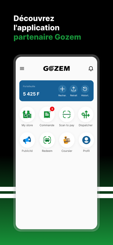 Gozem Marchand - Gozem Marchand partner app interface displaying wallet balance and business management icons like My Store and Scan to Pay.
