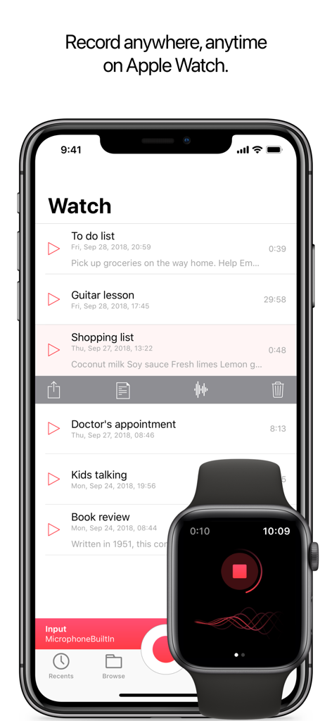 Interface de l'application Just Press Record sur iPhone affichant une liste d'enregistrements synchronisés avec une Apple Watch montrant un enregistrement actif.