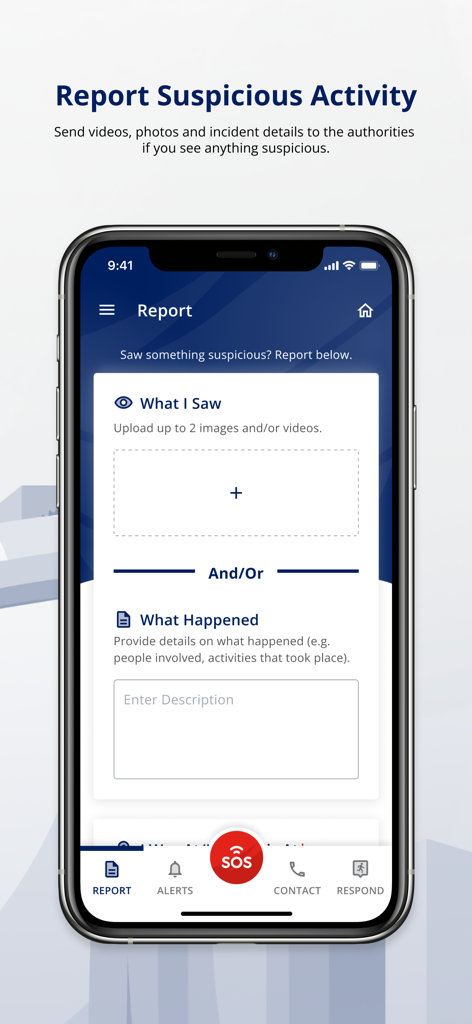 SGSecure app report screen for submitting photos and details about suspicious activity