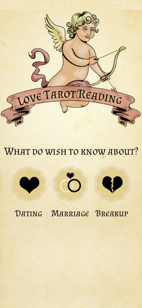 Love Tarot Reading app home screen featuring categories for dating marriage and breakup