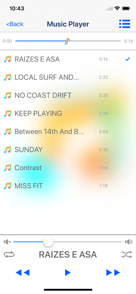 Video 2 Music  Audio Converter - Interface of the music player showing a list of converted audio tracks and playback controls.