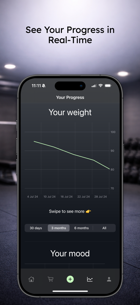 Delicious Fitness - Delicious Fitness app interface displaying a weight loss progress graph and mood tracking section.