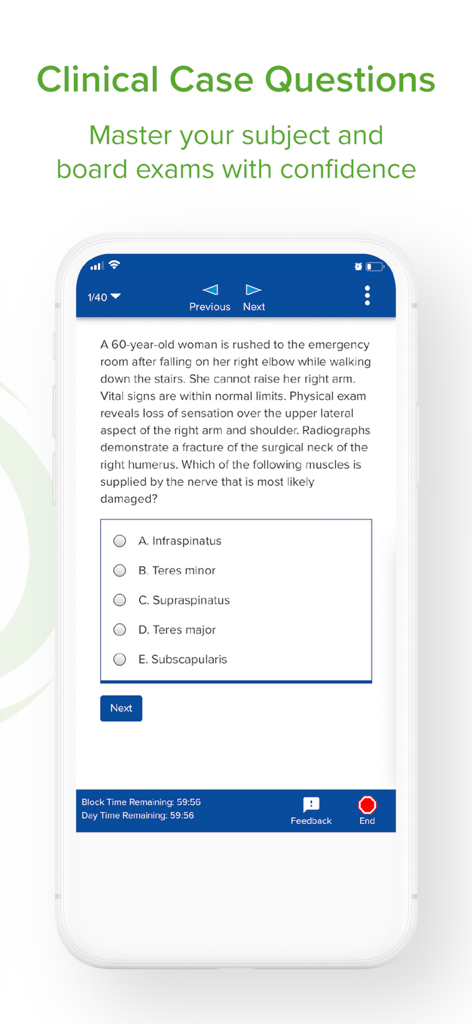 A medical board exam preparation screen showing a clinical case question and multiple-choice answers in the Lecturio app.