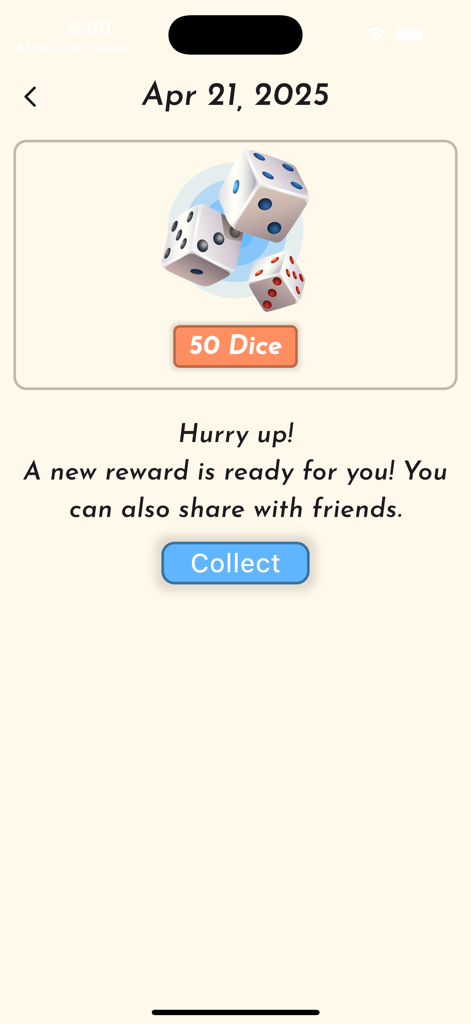 CM Link Daily Spins & Dice - App screen showing a daily reward of 50 free dice with a collect button.