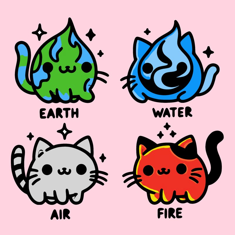 4 cats that represent the different elements, earth, water, air, and fire