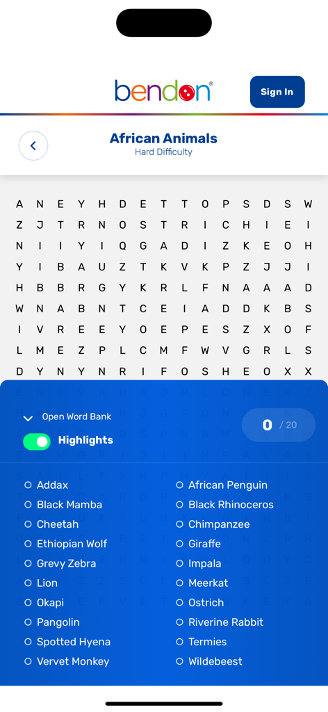 Bendon Word Search - Gameplay screen of Bendon Word Search showing an African Animals themed puzzle grid and a list of words to find