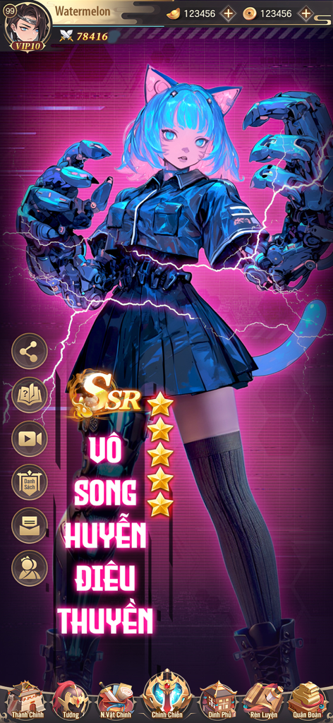 Mukbang Tam Quốc - Vplay - SSR character Diao Chan with blue cat ears and large mechanical hands in Mukbang Tam Quoc game interface