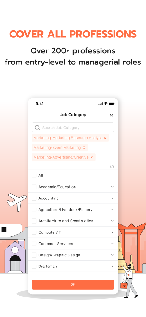 JobThai Jobs Search - A screenshot of the JobThai app showing a job category selection screen with various professional fields listed.