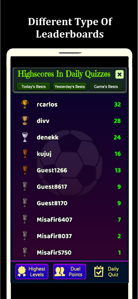 Football Quiz - Trivia 2026 - Daily highscores leaderboard for football trivia game showing player rankings and scores