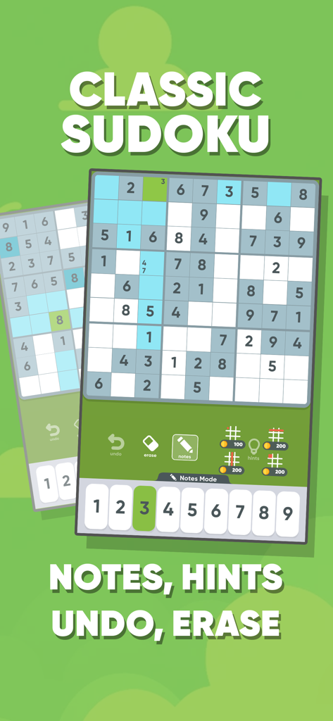 A classic Sudoku puzzle interface featuring gameplay tools like notes, hints, undo, and erase.