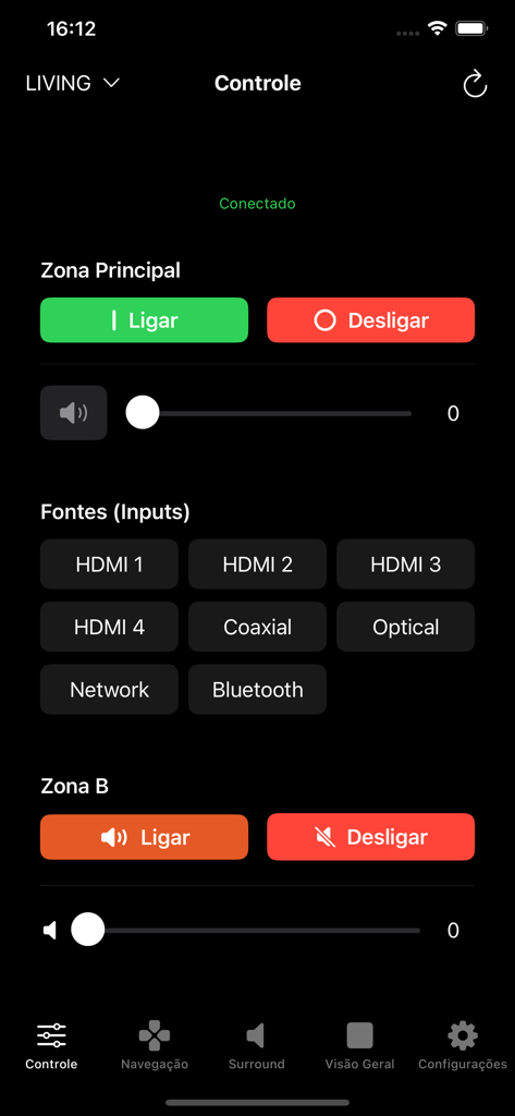 Better Remote - Interface do aplicativo Better Remote mostrando controles de volume da zona principal e da zona B e seleção de entrada