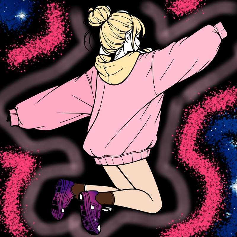 realistic girl jumping with a bun and oversized sweatshirt
