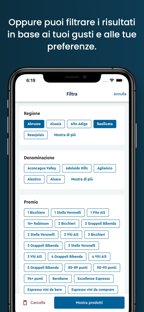 Tannico – Attività Commerciali - Schermata dell'app mobile che mostra opzioni di filtraggio del vino per denominazione regionale e premi