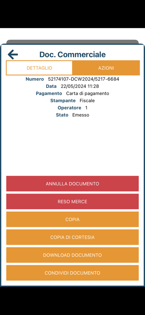 Data Cash - Action menu for a commercial receipt in Data Cash POS app showing options to cancel, return goods, and share document.