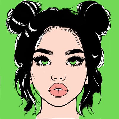realistic girl with two buns on her hair and lips