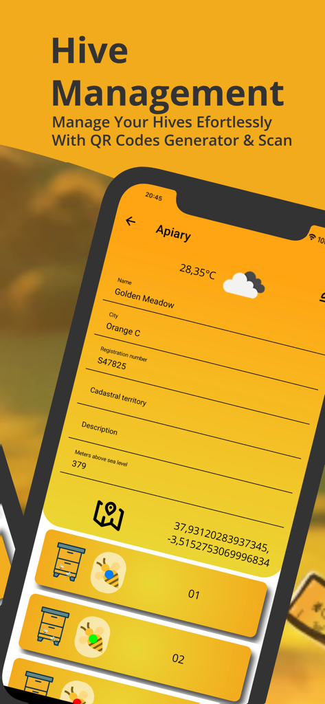 Apiary Book Beekeeping ApiNote - Interfaz de la aplicación móvil Apiary Book que muestra detalles de gestión de apiarios para Golden Meadow, incluyendo clima, número de registro y lista de colmenas